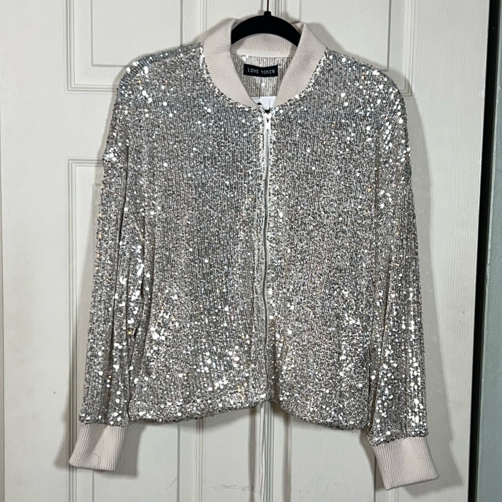 Love Token Cindy Sequin Bomber Jacket Silver Beige Lightweight NWT